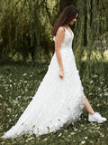 A-Line/Princess Sleeveless Organza V-neck Applique Sweep/Brush Train Wedding Dresses TPP0006149