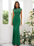 Trumpet/Mermaid Charmeuse Applique High Neck Sleeveless Floor-Length Bridesmaid Dresses TPP0004924