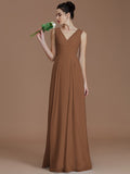 A-Line/Princess V-neck Sleeveless Ruched Floor-Length Chiffon Bridesmaid Dresses TPP0005037