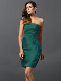 Sheath/Column Strapless Ruched Sleeveless Short Satin Bridesmaid Dresses TPP0005761