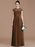 A-Line/Princess Jewel Short Sleeves Lace Floor-Length Chiffon Bridesmaid Dresses TPP0005179