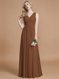 A-Line/Princess V-neck Sleeveless Ruched Floor-Length Chiffon Bridesmaid Dresses TPP0005343