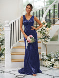 Sheath/Column Sequins Ruched V-neck Sleeveless Sweep/Brush Train Bridesmaid Dresses TPP0004958