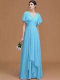 A-Line/Princess V-neck Short Sleeves Floor-Length Ruched Chiffon Bridesmaid Dresses TPP0005041