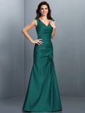 A-Line/Princess V-neck Pleats Sleeveless Long Satin Bridesmaid Dresses TPP0005497