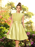 A-Line/Princess High Neck Bowknot Sleeveless Short Satin Bridesmaid Dresses TPP0005229