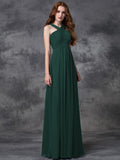 A-line/Princess Straps Ruched Sleeveless Long Chiffon Bridesmaid Dresses TPP0005379