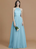 A-Line/Princess Halter Sleeveless Floor-Length Ruffles Tulle Bridesmaid Dresses TPP0005376