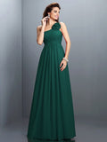 A-Line/Princess One-Shoulder Hand-Made Flower Pleats Sleeveless Long Chiffon Bridesmaid Dresses TPP0005399