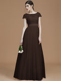 A-Line/Princess Bateau Short Sleeves Floor-Length Sash/Ribbon/Belt Tulle Bridesmaid Dresses TPP0005494