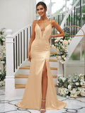 Sheath/Column Silk like Satin Ruched V-neck Sleeveless Sweep/Brush Train Bridesmaid Dresses TPP0004907