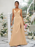 A-Line/Princess Silk like Satin Ruched V-neck Sleeveless Floor-Length Bridesmaid Dresses TPP0004934