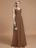 A-Line/Princess V-neck Sleeveless Ruched Floor-Length Silk like Satin Bridesmaid Dresses TPP0005430