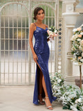 Sheath/Column Sequins Ruched Spaghetti Straps Sleeveless Floor-Length Bridesmaid Dresses TPP0004929