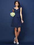 A-Line/Princess V-neck Pleats Bowknot Sleeveless Short Chiffon Bridesmaid Dresses TPP0005372