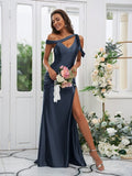 Sheath/Column Charmeuse Ruched Off-the-Shoulder Sleeveless Sweep/Brush Train Bridesmaid Dresses TPP0004898