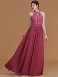 A-Line/Princess Halter Sleeveless Floor-Length Lace Chiffon Bridesmaid Dresses TPP0005137