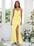 Sheath/Column Elastic Woven Satin Ruched Spaghetti Straps Sleeveless Sweep/Brush Train Bridesmaid Dresses TPP0004935