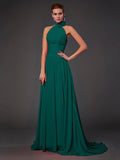 A-Line/Princess Halter Sleeveless Hand-Made Flower Long Chiffon Bridesmaid Dresses TPP0004909