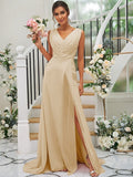 A-Line/Princess Chiffon Ruched V-neck Sleeveless Sweep/Brush Train Bridesmaid Dresses TPP0004916