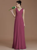 A-Line/Princess V-neck Sleeveless Ruched Floor-Length Chiffon Bridesmaid Dresses TPP0005037