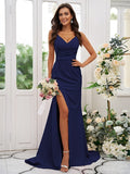 Sheath/Column Stretch Crepe Ruched V-neck Sleeveless Sweep/Brush Train Bridesmaid Dresses TPP0004893