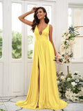 A-Line/Princess Jersey Ruffles V-neck Sleeveless Sweep/Brush Train Bridesmaid Dresses TPP0004896