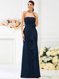 Sheath/Column Strapless Hand-Made Flower Sleeveless Long Chiffon Bridesmaid Dresses TPP0005538