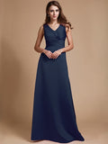 A-Line/Princess V-neck Long Sleeveless Elastic Woven Satin Bridesmaid Dresses TPP0005409