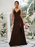 A-Line/Princess Silk like Satin Ruched V-neck Sleeveless Floor-Length Bridesmaid Dresses TPP0004934