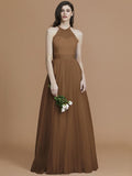 A-Line/Princess Halter Sleeveless Floor-Length Ruffles Tulle Bridesmaid Dresses TPP0005376