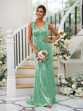 Sheath/Column Sequins Ruched V-neck Sleeveless Sweep/Brush Train Bridesmaid Dresses TPP0004958