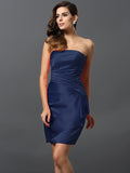 Sheath/Column Strapless Ruched Sleeveless Short Satin Bridesmaid Dresses TPP0005761