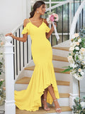 Trumpet/Mermaid Jersey Ruffles V-neck Sleeveless Asymmetrical Bridesmaid Dresses TPP0004937