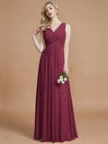 A-Line/Princess V-neck Sleeveless Ruched Floor-Length Chiffon Bridesmaid Dresses TPP0005343