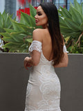 Trumpet/Mermaid Tulle Applique Off-the-Shoulder Sleeveless Sweep/Brush Train Wedding Dresses TPP0006311