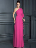 Sheath/Column One-Shoulder 3/4 Sleeves Long Chiffon Bridesmaid Dresses TPP0005047