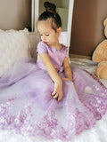 A-Line/Princess Tulle Lace Scoop Short Sleeves Ankle-Length Flower Girl Dresses TPP0007467