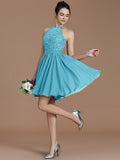 A-Line/Princess Halter Sleeveless Lace Short/Mini Chiffon Bridesmaid Dresses TPP0005132