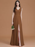 A-Line/Princess V-neck Sleeveless Floor-Length Ruched Chiffon Bridesmaid Dresses TPP0005284