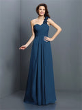 A-Line/Princess One-Shoulder Hand-Made Flower Sleeveless Long Chiffon Bridesmaid Dresses TPP0005570