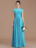 A-Line/Princess Jewel Short Sleeves Lace Floor-Length Chiffon Bridesmaid Dresses TPP0005179