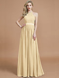 A-Line/Princess Halter Sleeveless Ruched Floor-Length Chiffon Bridesmaid Dresses TPP0005700