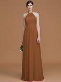 A-Line/Princess Halter Sleeveless Floor-Length Ruched Chiffon Bridesmaid Dresses TPP0005663