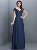 A-Line/Princess V-neck Pleats Short Sleeves Long Chiffon Bridesmaid Dresses TPP0005256