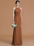 Trumpet/Mermaid Halter Sleeveless Floor-Length Ruched Chiffon Bridesmaid Dresses TPP0005544