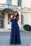 Sexy Off-the-Shoulder Chiffon Half Sleeve Sweetheart Navy Blue Floor Length Prom Dresses