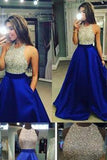 Charming Long Sexy Backless Halter Backless Sleeveless Beads with Pockets Prom Dresses