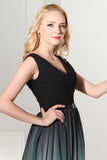 A-Line Ombre Long Chiffon Formal Dress V-Neck Black Sleeveless Lace up Prom Dresses