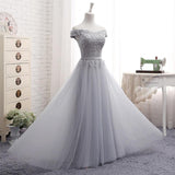 A-Line Gray Lace Off the Shoulder Tulle Lace-up Sweetheart Prom Dresses